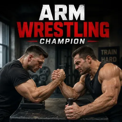 Arm Wrestling Champion game featuring two muscular athletes competing in an intense arm wrestling match inside a gym