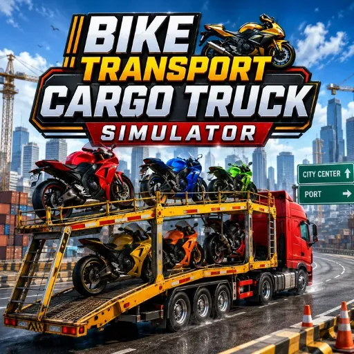 Bike Transport Cargo Truck Simulator game featuring a car carrier truck transporting sports motorcycles through a modern city