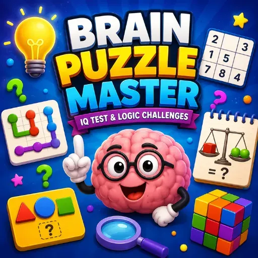 Brain Puzzle Master IQ Test and Logic Challenges game featuring fun brain teasers, IQ puzzles, logic games, and educational challenges