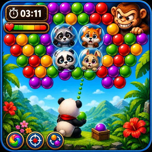 Animal Bubble Shooter game icon featuring a panda rescuing cute animals by popping colorful bubbles in a jungle adventure.