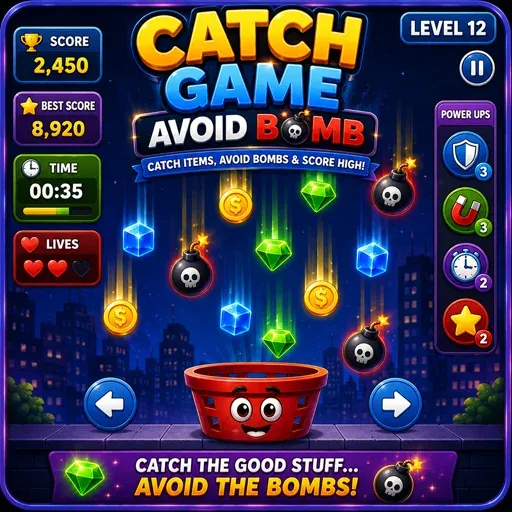 Catch Game Avoid Bomb game icon featuring a basket collecting coins and gems while avoiding falling bombs in a fast-paced arcade game