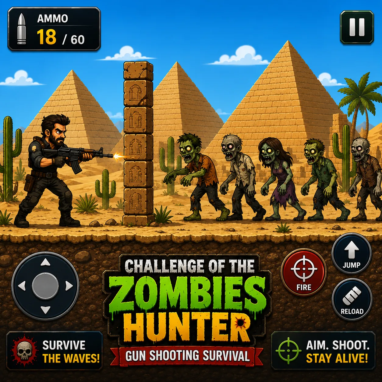 Challenge of the Zombies Hunter game icon featuring a soldier battling zombies in a desert survival shooting adventure