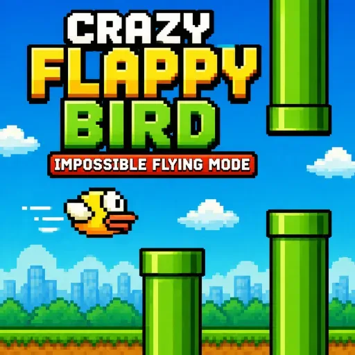 Crazy Flappy Bird Game Impossible Flying Mode featuring a pixel bird flying through green pipes in a challenging endless arcade adventure