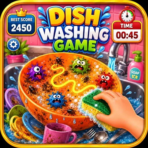 Dish Washing Game icon featuring dirty dishes, sponge cleaning, and kitchen washing simulation with colorful cartoon graphics.