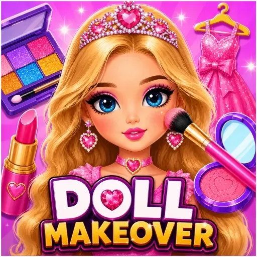 Doll Makeover game featuring a princess doll with glamorous makeup, stylish fashion accessories, and beauty makeover tools