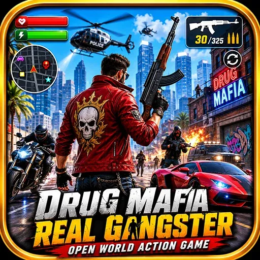 Drug Mafia Real Gangster game icon featuring an armed gangster, police chase, sports car, and open-world crime action gameplay.