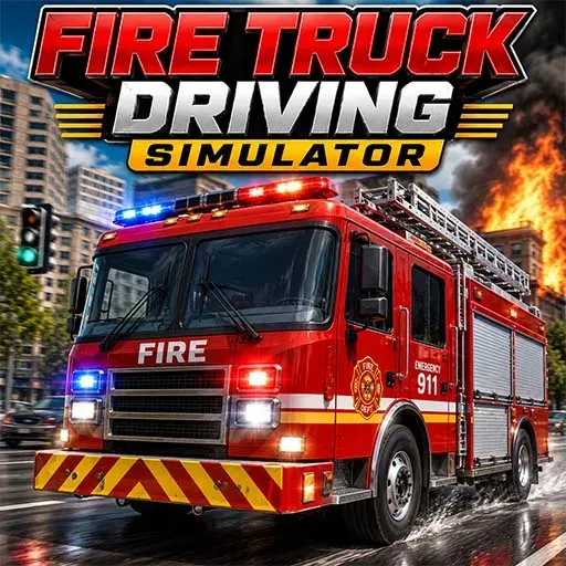 Fire Truck Driving Simulator game featuring a realistic fire engine responding to an emergency in a city