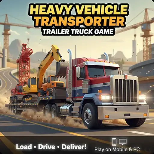 Heavy Vehicle Transporter Trailer Truck Game icon featuring a semi-truck transporting heavy construction machinery on a highway.