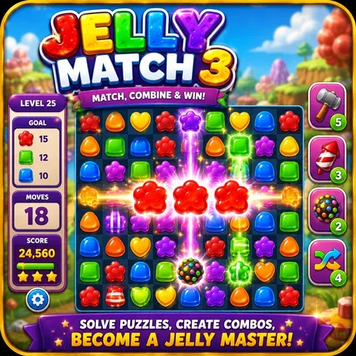 Jelly Match 3 game icon featuring colorful jelly candies, explosive combos, and classic match-3 puzzle gameplay
