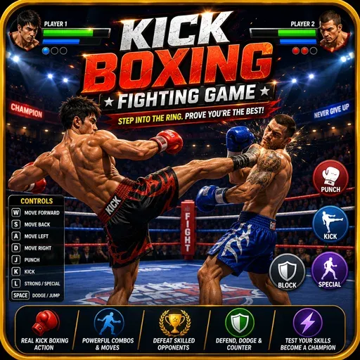 Kick Boxing Fighting Game icon featuring two kickboxers battling in a realistic boxing arena with intense martial arts action
