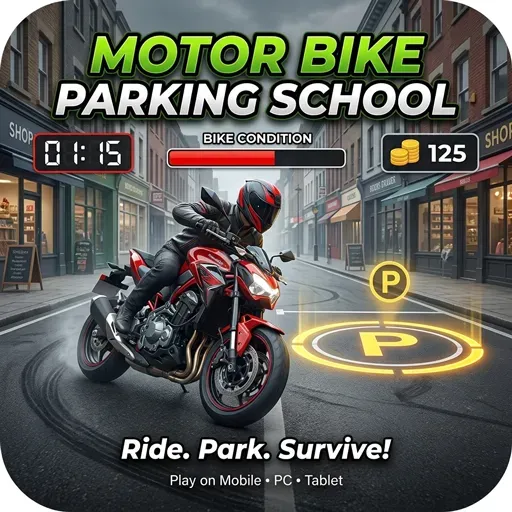 Motor Bike Parking School game icon featuring a sport motorcycle parking challenge in a realistic city driving simulator.