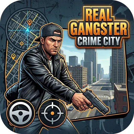 Real Gangster Crime City game icon featuring an armed gangster exploring an open-world city with crime and action gameplay.