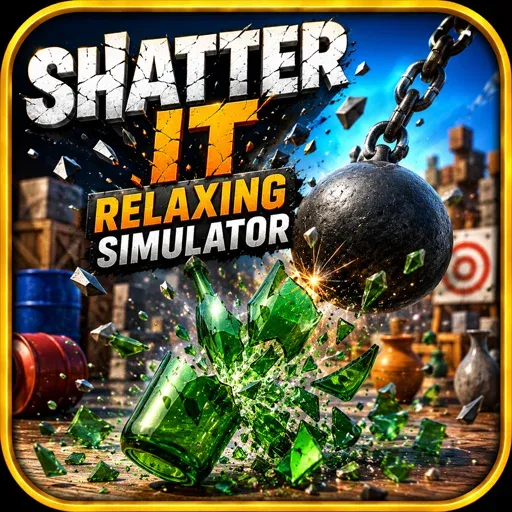 Shatter It Relaxing Simulator game icon featuring a wrecking ball smashing glass bottles in a satisfying destruction simulation game