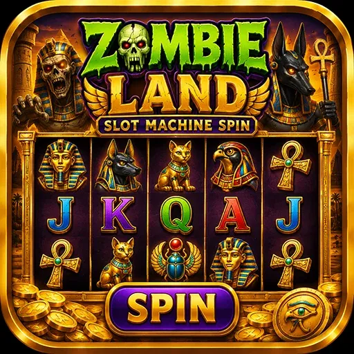 Zombie Land Slot Machine Spin game icon featuring Egyptian-themed slot reels with zombies, Anubis, pharaoh symbols, and gold coins.