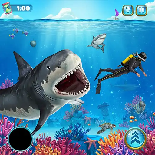Shark attack game screenshot with great white shark chasing scuba diver over coral reef