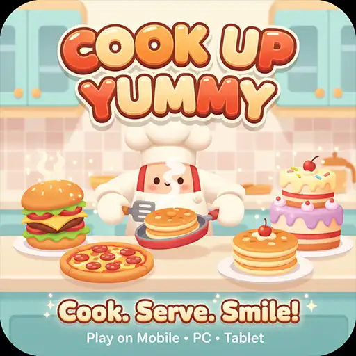 Cook Up Yummy game icon featuring a cheerful chef preparing burgers, pizza, pancakes, and cakes in a fun cooking simulation game.