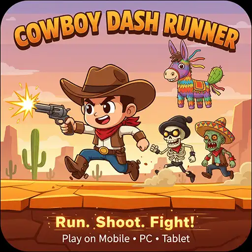 Cowboy Dash Runner game icon featuring a cowboy shooting skeletons and zombies in a wild west endless runner adventure.