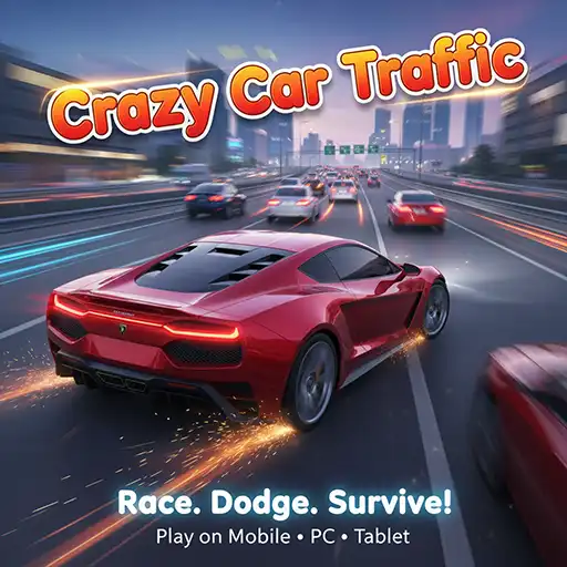 Crazy Car Traffic game icon featuring a red sports car racing through busy highway traffic in a high-speed driving adventure.