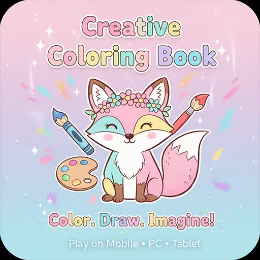 Creative Coloring Book game icon featuring a cute fox with paintbrushes and a colorful art palette for kids drawing and coloring.