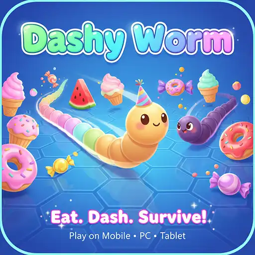 Dashy Worm game icon featuring colorful worms collecting sweets and snacks in a fun arcade snake adventure.