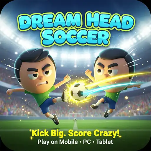 Dream Head Soccer game icon featuring cartoon soccer players competing in a fast-paced football match with powerful kicks