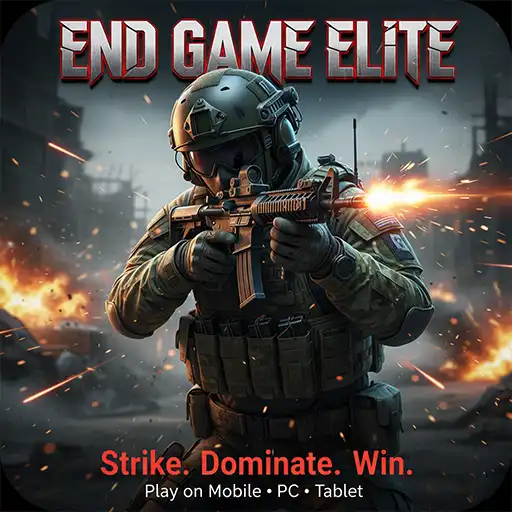 End Game Elite game icon featuring an elite soldier in tactical combat with an assault rifle on a war-torn battlefield.