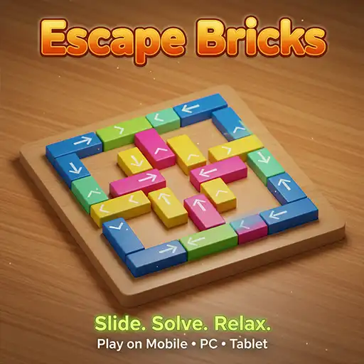 Escape Bricks sliding puzzle game with colorful arrow blocks on a wooden board designed for logic and brain training.