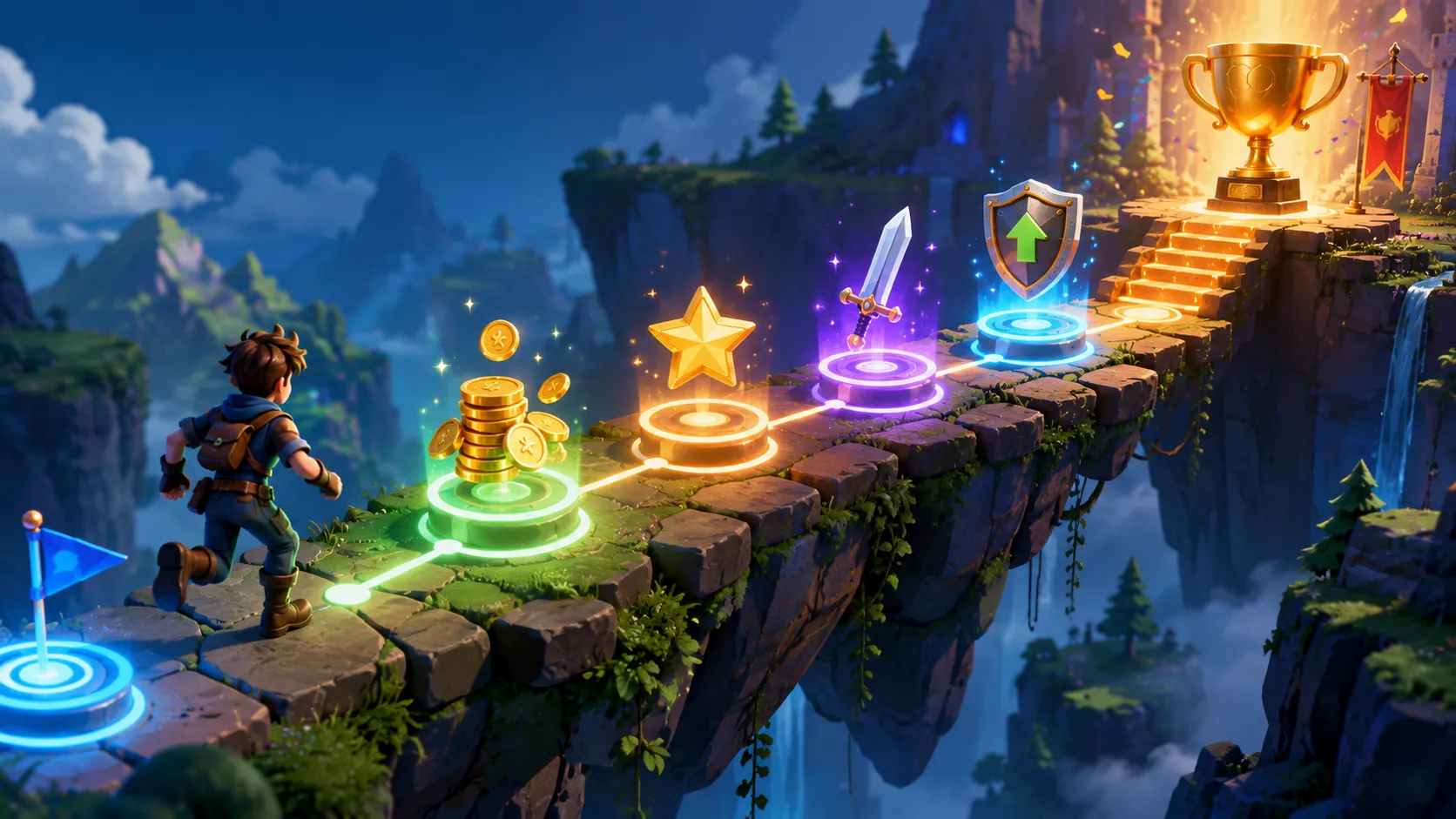 Game character progressing through levels while collecting rewards and upgrades