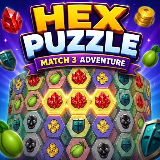 "Hex Puzzle Match 3 Adventure game icon featuring colorful hexagonal puzzle tiles with gems, coins, shields, and match-3 gameplay elements."