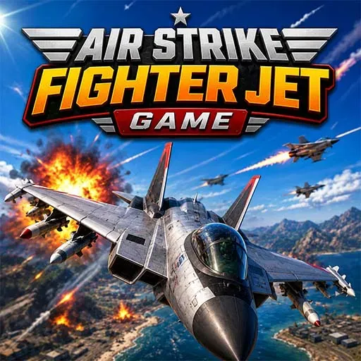 Air Strike Fighter Jet Game icon featuring a fighter jet flying through an intense aerial combat mission