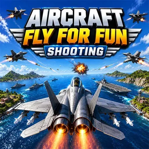 Aircraft Fly for Fun Shooting game icon featuring a fighter jet flying into an intense aerial battle over the ocean