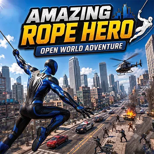 Amazing Rope Hero Open World Adventure game icon featuring a superhero swinging through a city with a rope