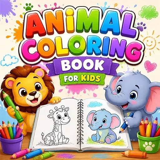 Animal Coloring Book for Kids game featuring cute cartoon animals, coloring pages, and creative drawing activities for children