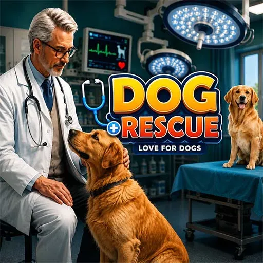 "Dog Rescue Love for Dogs game icon featuring a veterinarian caring for a golden retriever in a modern animal hospital with veterinary medical equipment."