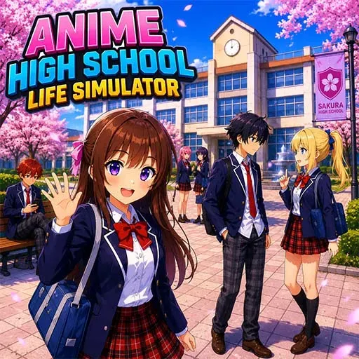 Anime High School Life Simulator game icon featuring anime-style students in school uniforms standing in a Japanese high school courtyard