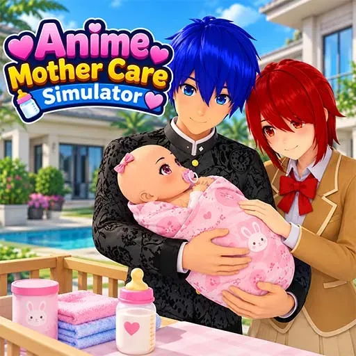 Anime Mother Care Simulator game icon featuring a young couple caring for a baby in a bright outdoor home setting, with baby bottles and folded towels in the foreground