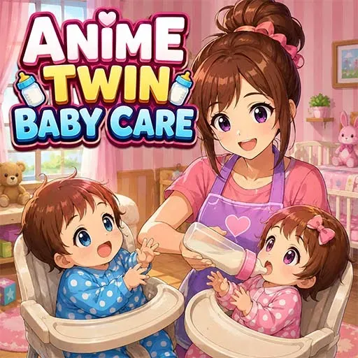 Anime Twin Baby Care game icon featuring a young woman caring for twin babies while feeding them with baby bottles