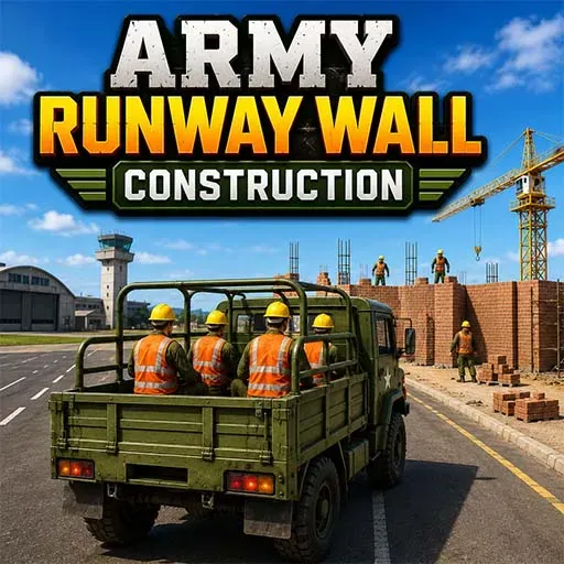Army Runway Wall Construction game featuring construction workers building a military runway wall with heavy equipment and realistic construction simulation