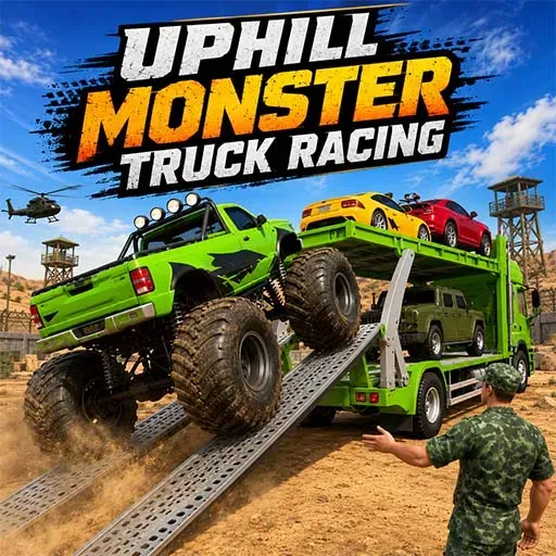 Uphill Monster Truck Racing with a green monster truck loading onto a military vehicle transporter.