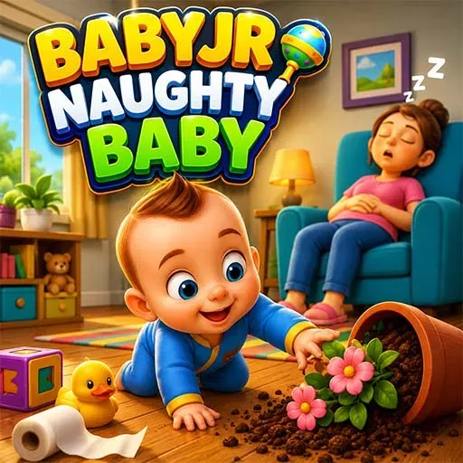"BabyJR Naughty Baby game icon featuring a mischievous baby spilling a flower pot while a sleeping mother relaxes in a cozy living room."