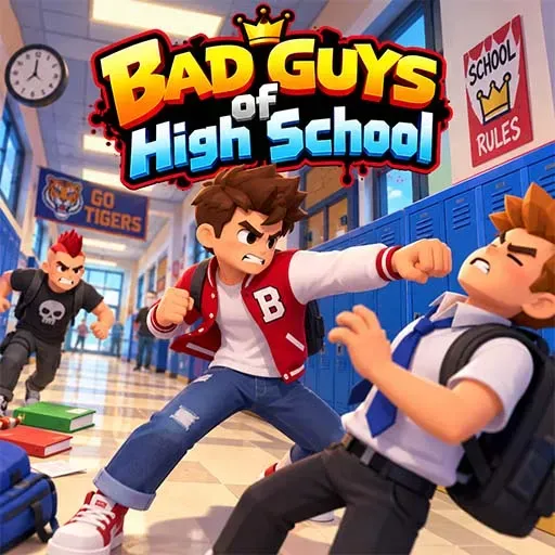 Bad Guys of High School game icon featuring two students fighting in a school hallway, with another student in the background, lockers, school signs, and books scattered on the floo