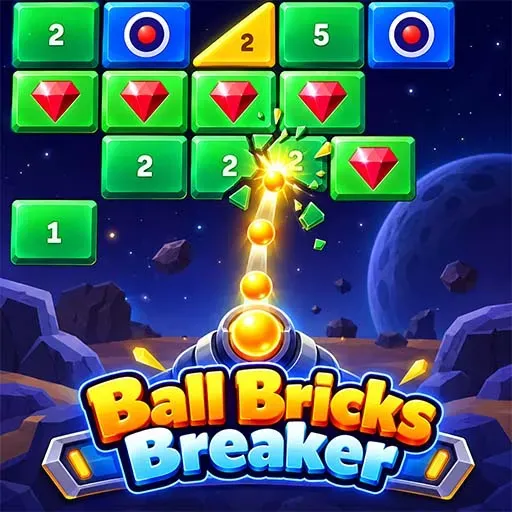 Ball Bricks Breaker game icon featuring a glowing orange ball breaking numbered green blocks and gem blocks against a space-themed background with a large planet.