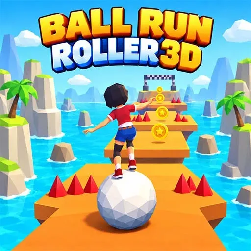 Ball Run Roller 3D game icon featuring a character rolling on a large white ball across floating platforms over the ocean, with red spike obstacles, golden coins, palm trees, and colorful island scenery.