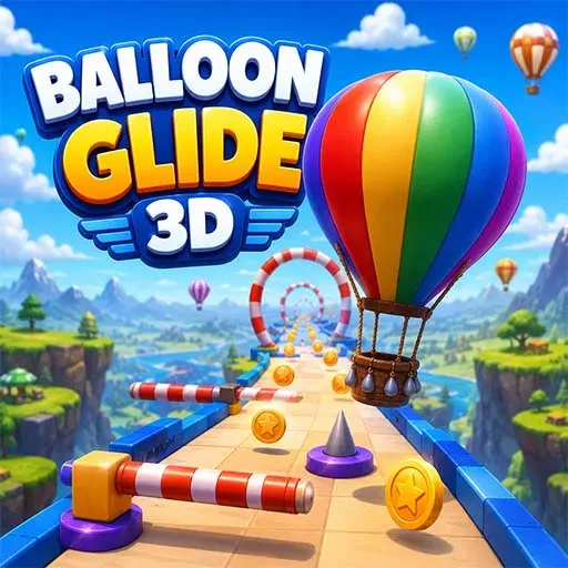 Balloon Glide 3D game icon featuring a colorful hot air balloon flying through an obstacle course with coins