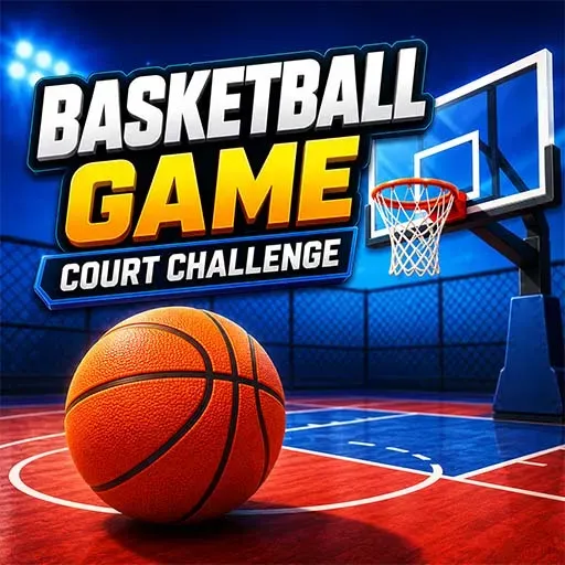 "Basketball Game Court Challenge game icon featuring a basketball on an outdoor court with a hoop and backboard under bright stadium lights."