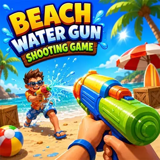 "Beach Water Gun Shooting Game icon featuring a child enjoying a colorful water gun battle on a sunny beach with tropical scenery and summer fun."