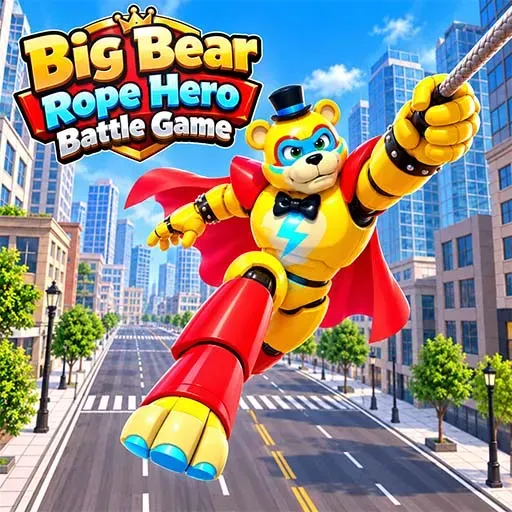 Big Bear Rope Hero Battle Game icon featuring a powerful cartoon bear superhero swinging through a modern city with a rope, wearing a red cape and metallic superhero armo