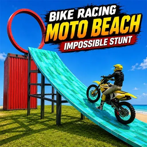 Bike Racing Moto Beach Impossible Stunt game icon featuring a rider performing a motorcycle stunt on a giant ramp
