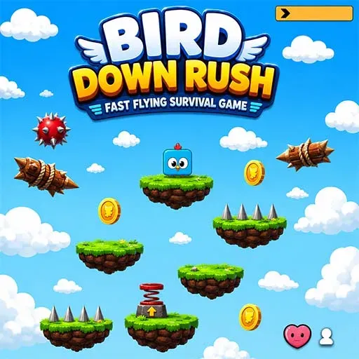 Bird Down Rush Fast Flying Survival Game icon featuring a blue bird jumping across floating platforms with coins and obstacles