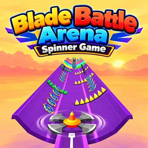 Blade Battle Arena Spinner Game featuring a spinning blade on a colorful arena track with obstacles and barriers.